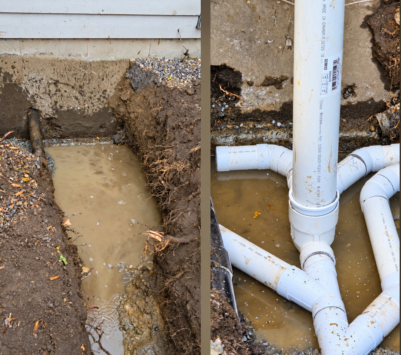 Drainage excavation and exposed pipe connections