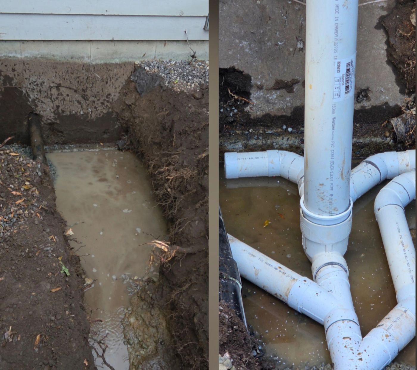 Exposed drainage pipes and excavation during a Fairytale repair