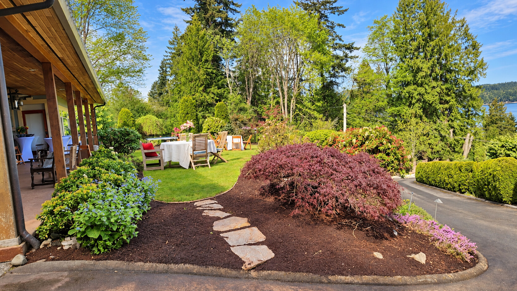 Stepping-stone path through a garden with a Japanese maple