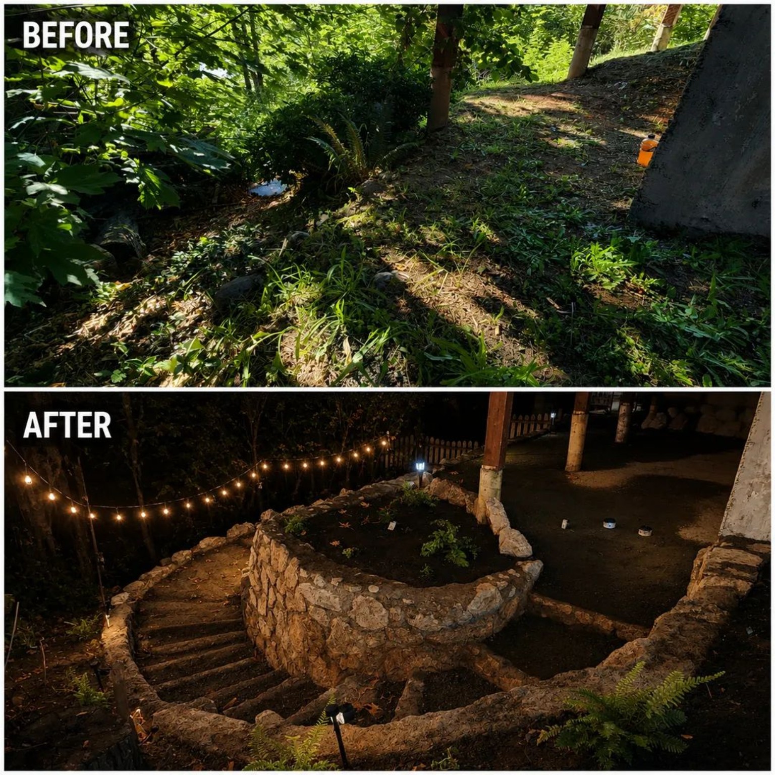 Before and after: an overgrown slope transformed into curved natural stone retaining walls, steps and garden beds