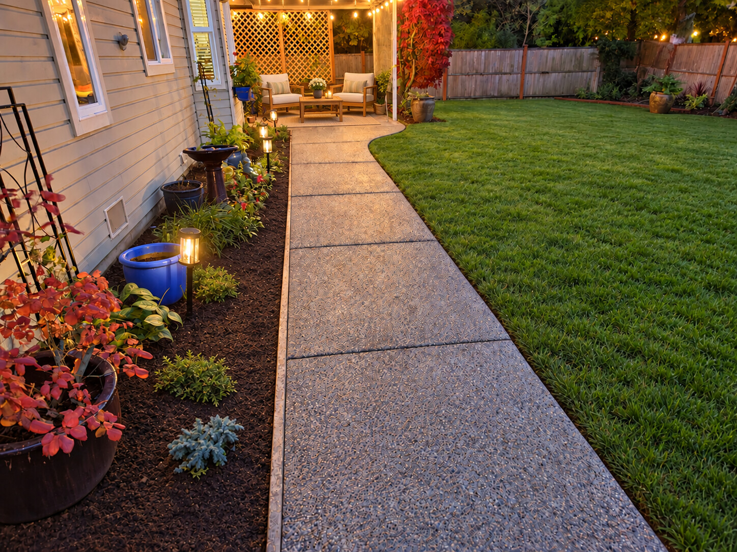 Concrete garden walkway leading to a covered patio